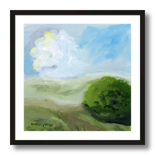 A framed, ready to hang giclee print of green trees and rolling hills with blue sky and white clouds. An original painting from Arden Upton's Blue Skies Collection. Great for decorating living room, bedroom and hallway walls in your home