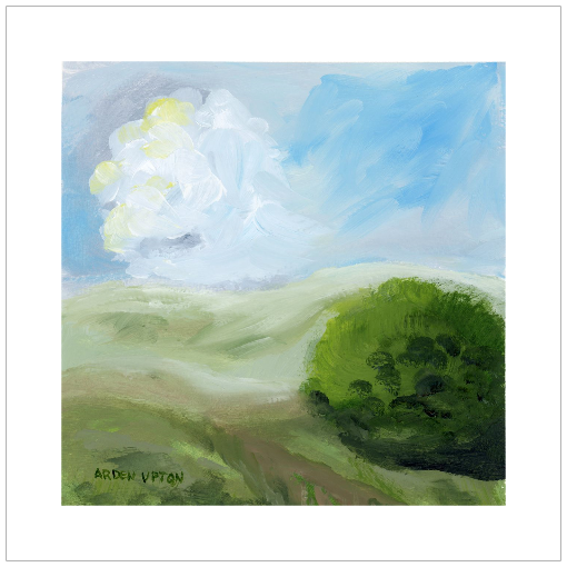 A framed, ready to hang giclee print of green trees and rolling hills with blue sky and white clouds. An original painting from Arden Upton's Blue Skies Collection. Great for decorating living room, bedroom and hallway walls in your home
