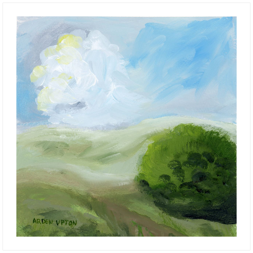 A framed, ready to hang giclee print of green trees and rolling hills with blue sky and white clouds. An original painting from Arden Upton's Blue Skies Collection. Great for decorating living room, bedroom and hallway walls in your home