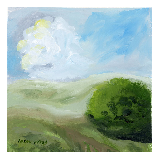 A framed, ready to hang giclee print of green trees and rolling hills with blue sky and white clouds. An original painting from Arden Upton's Blue Skies Collection. Great for decorating living room, bedroom and hallway walls in your home