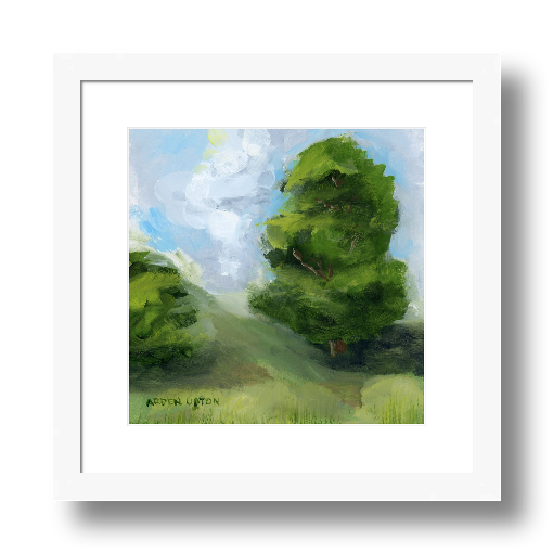 A framed, ready to hang giclee print of green trees and rolling hills with blue sky and white clouds. From an original painting from Arden Upton's Blue Skies Collection. Great for decorating living room, bedroom and hallway walls in your home and gifting