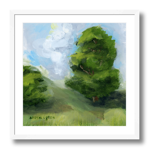 A framed, ready to hang giclee print of green trees and rolling hills with blue sky and white clouds. From an original painting from Arden Upton's Blue Skies Collection. Great for decorating living room, bedroom and hallway walls in your home and gifting
