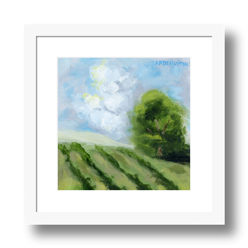 A framed, ready to hang giclee print of green trees and rolling hills with blue sky and white clouds. From an original painting from Arden Upton's Blue Skies Collection. Great for decorating living room, bedroom and hallway walls in your home and gifting