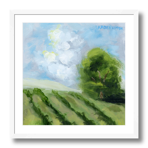 A framed, ready to hang giclee print of green trees and rolling hills with blue sky and white clouds. From an original painting from Arden Upton's Blue Skies Collection. Great for decorating living room, bedroom and hallway walls in your home and gifting