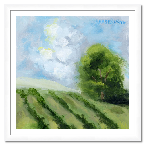 A framed, ready to hang giclee print of green trees and rolling hills with blue sky and white clouds. From an original painting from Arden Upton's Blue Skies Collection. Great for decorating living room, bedroom and hallway walls in your home and gifting