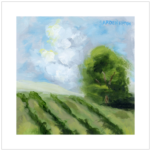 A framed, ready to hang giclee print of green trees and rolling hills with blue sky and white clouds. From an original painting from Arden Upton's Blue Skies Collection. Great for decorating living room, bedroom and hallway walls in your home and gifting