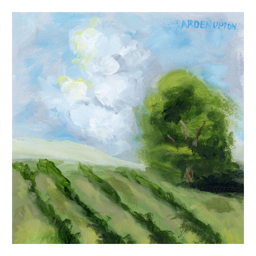 A framed, ready to hang giclee print of green trees and rolling hills with blue sky and white clouds. From an original painting from Arden Upton's Blue Skies Collection. Great for decorating living room, bedroom and hallway walls in your home and gifting