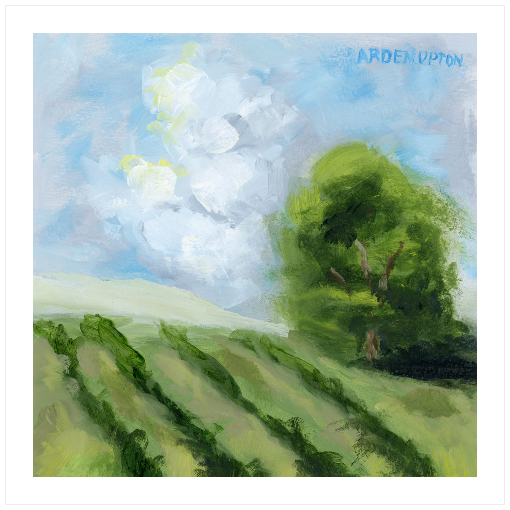 A framed, ready to hang giclee print of green trees and rolling hills with blue sky and white clouds. From an original painting from Arden Upton's Blue Skies Collection. Great for decorating living room, bedroom and hallway walls in your home and gifting