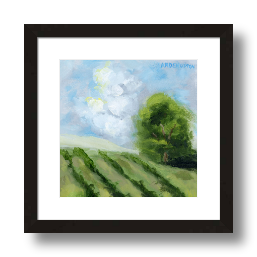 A framed, ready to hang giclee print of green trees and rolling hills with blue sky and white clouds. From an original painting from Arden Upton's Blue Skies Collection. Great for decorating living room, bedroom and hallway walls in your home and gifting