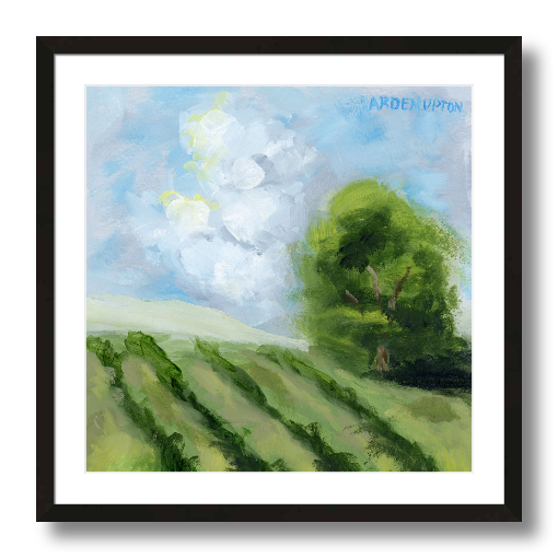 A framed, ready to hang giclee print of green trees and rolling hills with blue sky and white clouds. From an original painting from Arden Upton's Blue Skies Collection. Great for decorating living room, bedroom and hallway walls in your home and gifting