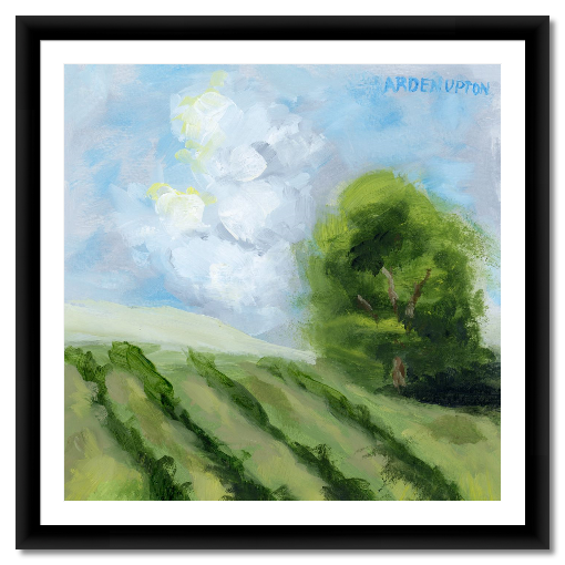 A framed, ready to hang giclee print of green trees and rolling hills with blue sky and white clouds. From an original painting from Arden Upton's Blue Skies Collection. Great for decorating living room, bedroom and hallway walls in your home and gifting
