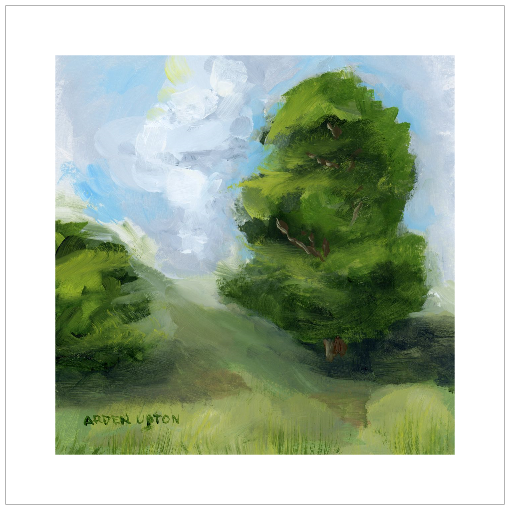 A framed, ready to hang giclee print of green trees and rolling hills with blue sky and white clouds. From an original painting from Arden Upton's Blue Skies Collection. Great for decorating living room, bedroom and hallway walls in your home and gifting