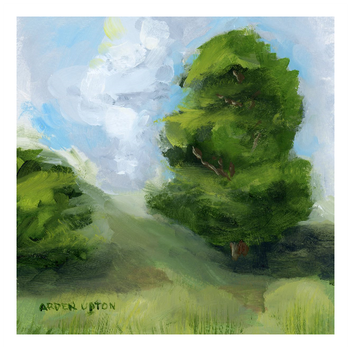 A framed, ready to hang giclee print of green trees and rolling hills with blue sky and white clouds. From an original painting from Arden Upton's Blue Skies Collection. Great for decorating living room, bedroom and hallway walls in your home and gifting