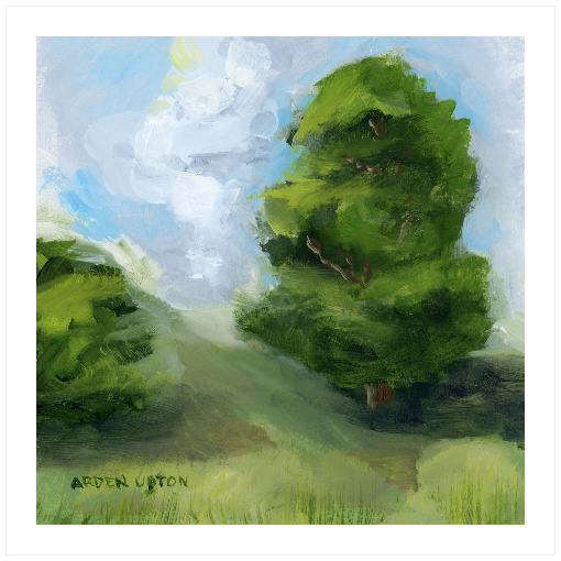 A framed, ready to hang giclee print of green trees and rolling hills with blue sky and white clouds. From an original painting from Arden Upton's Blue Skies Collection. Great for decorating living room, bedroom and hallway walls in your home and gifting