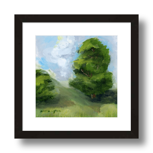 A framed, ready to hang giclee print of green trees and rolling hills with blue sky and white clouds. From an original painting from Arden Upton's Blue Skies Collection. Great for decorating living room, bedroom and hallway walls in your home and gifting