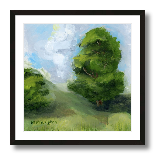 A framed, ready to hang giclee print of green trees and rolling hills with blue sky and white clouds. From an original painting from Arden Upton's Blue Skies Collection. Great for decorating living room, bedroom and hallway walls in your home and gifting
