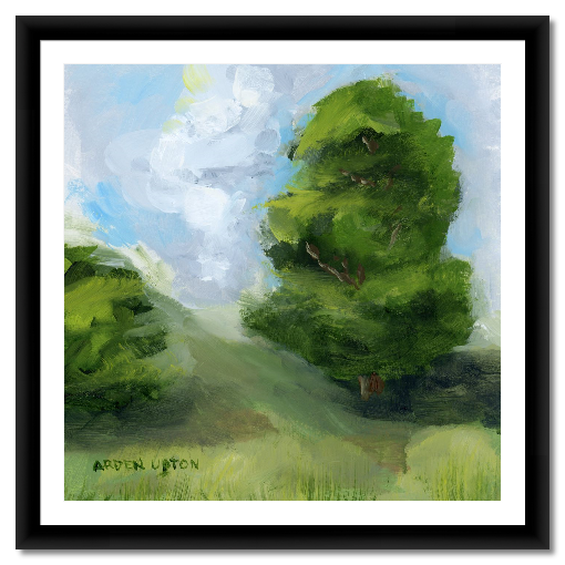 A framed, ready to hang giclee print of green trees and rolling hills with blue sky and white clouds. From an original painting from Arden Upton's Blue Skies Collection. Great for decorating living room, bedroom and hallway walls in your home and gifting