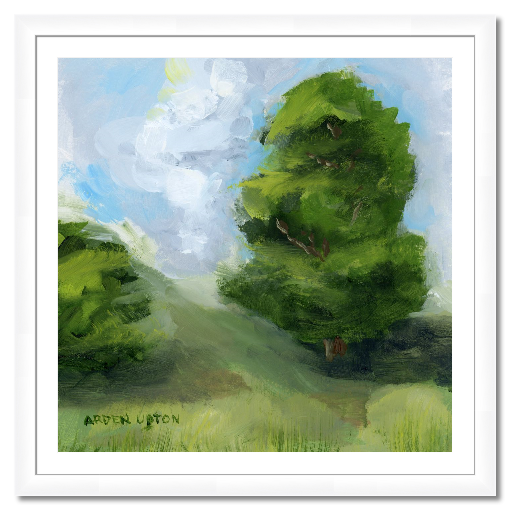 A framed, ready to hang giclee print of green trees and rolling hills with blue sky and white clouds. From an original painting from Arden Upton's Blue Skies Collection. Great for decorating living room, bedroom and hallway walls in your home and gifting