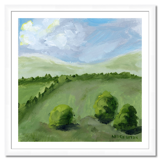 A framed, ready to hang giclee print of green trees and rolling hills with blue sky and white clouds. From an original painting from Arden Upton's Blue Skies Collection. Great for decorating your living room, bedroom and hallway walls in your home