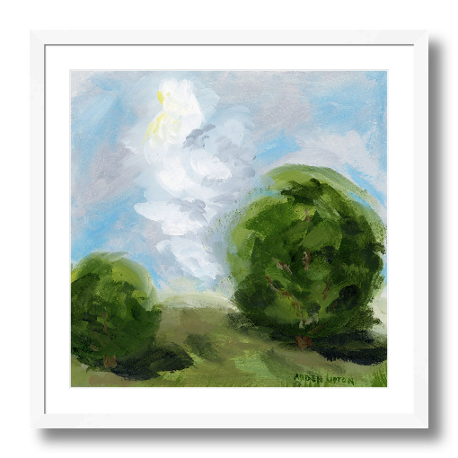 A framed, ready to hang giclee print of green trees and rolling hills with blue sky and white clouds. From an original painting from Arden Upton's Blue Skies Collection. Great for decorating your living room, bedroom and hallway walls in your home