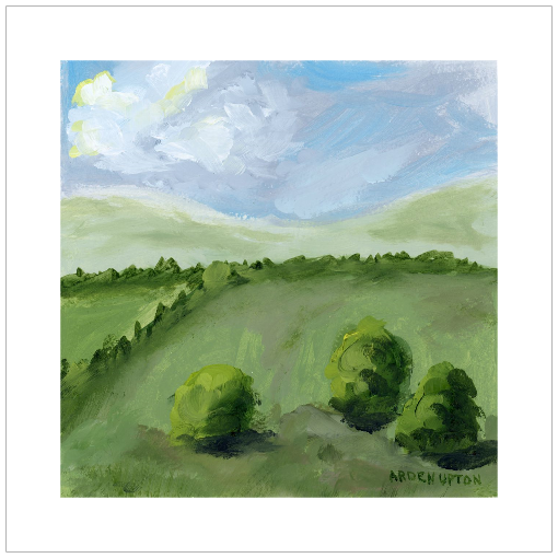 A framed, ready to hang giclee print of green trees and rolling hills with blue sky and white clouds. From an original painting from Arden Upton's Blue Skies Collection. Great for decorating your living room, bedroom and hallway walls in your home