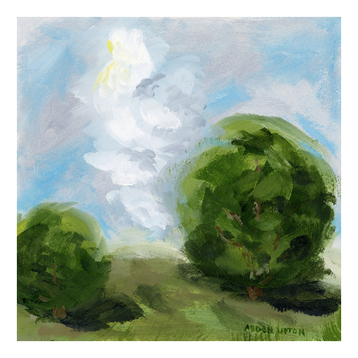 A framed, ready to hang giclee print of green trees and rolling hills with blue sky and white clouds. From an original painting from Arden Upton's Blue Skies Collection. Great for decorating your living room, bedroom and hallway walls in your home