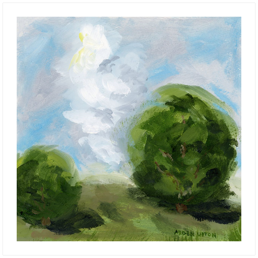 A framed, ready to hang giclee print of green trees and rolling hills with blue sky and white clouds. From an original painting from Arden Upton's Blue Skies Collection. Great for decorating your living room, bedroom and hallway walls in your home