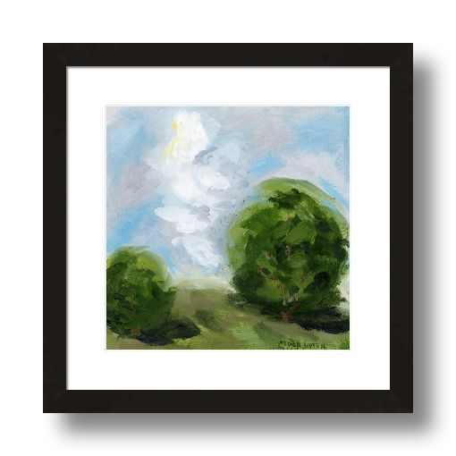 A framed, ready to hang giclee print of green trees and rolling hills with blue sky and white clouds. From an original painting from Arden Upton's Blue Skies Collection. Great for decorating your living room, bedroom and hallway walls in your home