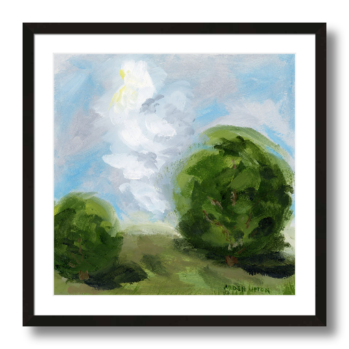 A framed, ready to hang giclee print of green trees and rolling hills with blue sky and white clouds. From an original painting from Arden Upton's Blue Skies Collection. Great for decorating your living room, bedroom and hallway walls in your home