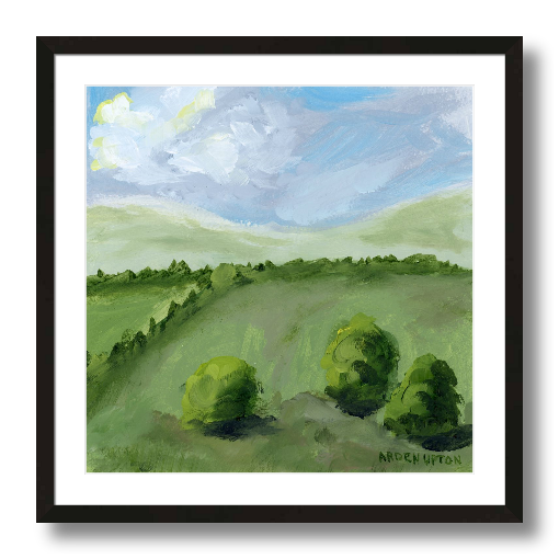 A framed, ready to hang giclee print of green trees and rolling hills with blue sky and white clouds. From an original painting from Arden Upton's Blue Skies Collection. Great for decorating your living room, bedroom and hallway walls in your home