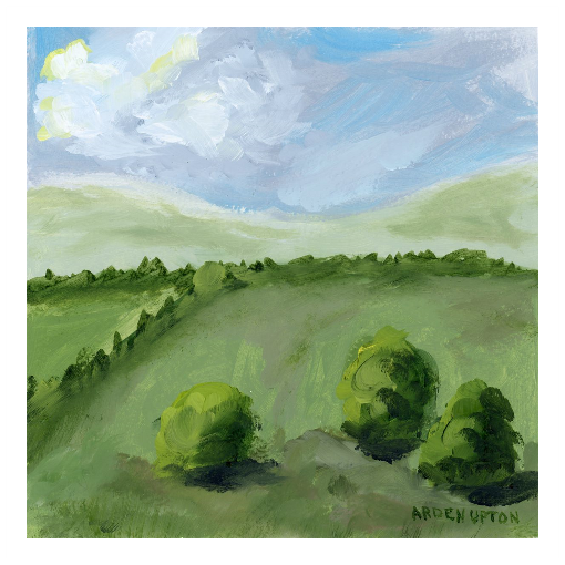 A framed, ready to hang giclee print of green trees and rolling hills with blue sky and white clouds. From an original painting from Arden Upton's Blue Skies Collection. Great for decorating your living room, bedroom and hallway walls in your home