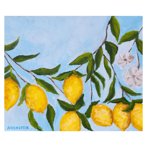 A framed art print featuring a painting from Arden Upton's Lemonade Collection of lemons , leaves and white floral elements against a blue background, with a white mat and black frame.