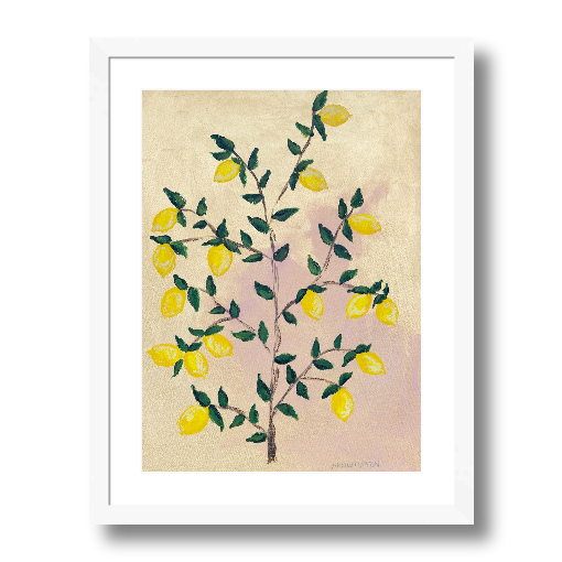 A museum-quality fine art giclée print of a lemon tree, featuring vibrant yellow lemons on a lemon tree with green leaves against a pink and yellow background, part of Arden Upton's Lemonade Series