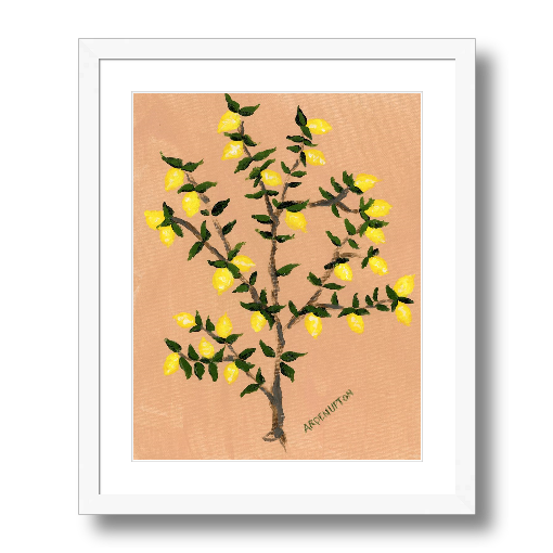 A museum-quality fine art giclée print of a lemon tree, featuring vibrant yellow lemons on a lemon tree with green leaves against a peach toned background, part of Arden Upton's Lemonade Series