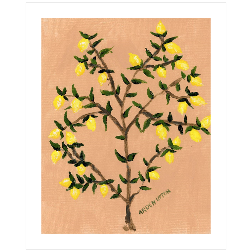 A museum-quality fine art giclée print of a lemon tree, featuring vibrant yellow lemons on a lemon tree with green leaves against a peach toned background