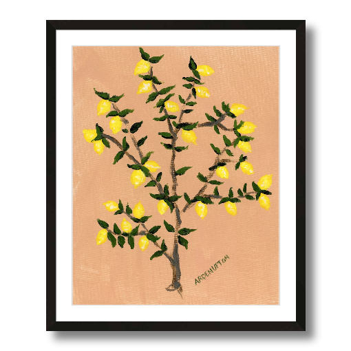 A museum-quality fine art giclée print of a lemon tree, featuring vibrant yellow lemons on a lemon tree with green leaves against a peach toned background, part of Arden Upton's Lemonade Series