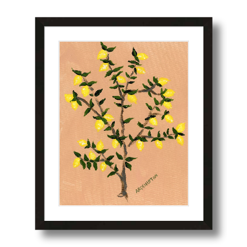 A museum-quality fine art giclée print of a lemon tree, featuring vibrant yellow lemons on a lemon tree with green leaves against a peach toned background, part of Arden Upton's Lemonade Series