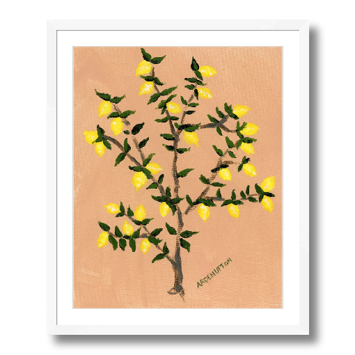 A museum-quality fine art giclée print of a lemon tree, featuring vibrant yellow lemons on a lemon tree with green leaves against a peach toned background, part of Arden Upton's Lemonade Series