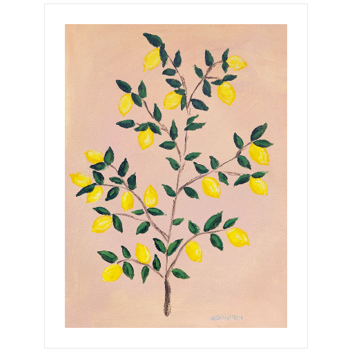 A museum-quality fine art giclée print of a lemon tree, featuring vibrant yellow lemons on a lemon tree with green leaves against a pink and yellow background, part of Arden Upton's Lemonade Series