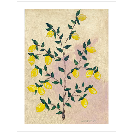 A museum-quality fine art giclée print of a lemon tree, featuring vibrant yellow lemons on a lemon tree with green leaves against a pink and yellow background, part of Arden Upton's Lemonade Series