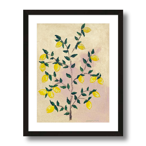 A museum-quality fine art giclée print of a lemon tree, featuring vibrant yellow lemons on a lemon tree with green leaves against a pink and yellow background, part of Arden Upton's Lemonade Series