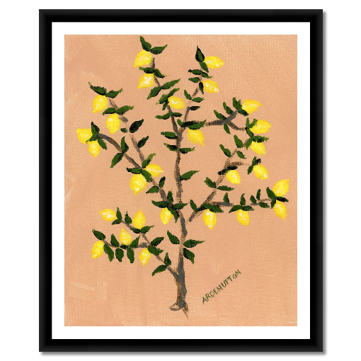 A museum-quality fine art giclée print of a lemon tree, featuring vibrant yellow lemons on a lemon tree with green leaves against a peach toned background, part of Arden Upton's Lemonade Series