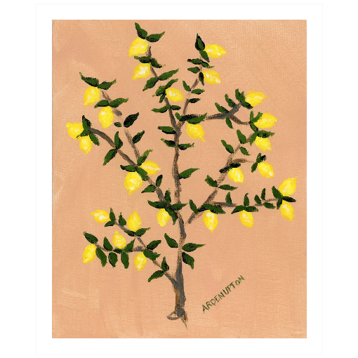 A museum-quality fine art giclée print of a lemon tree, featuring vibrant yellow lemons on a lemon tree with green leaves against a peach toned background, part of Arden Upton's Lemonade Series