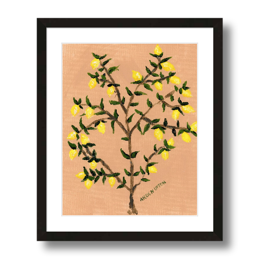 A museum-quality fine art giclée print of a lemon tree, featuring vibrant yellow lemons on a lemon tree with green leaves against a peach toned background