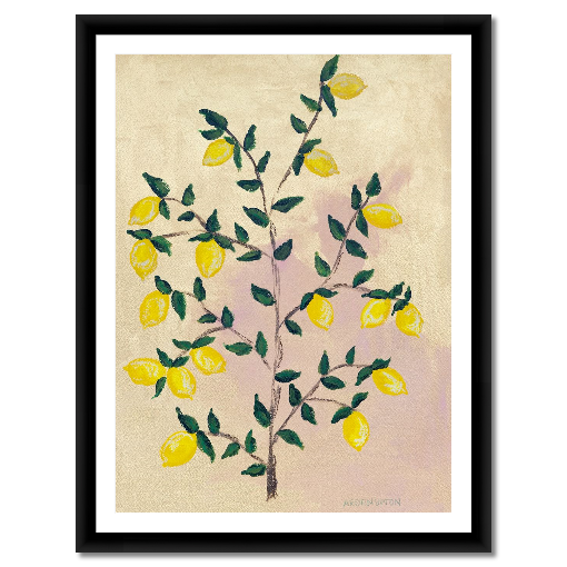 A museum-quality fine art giclée print of a lemon tree, featuring vibrant yellow lemons on a lemon tree with green leaves against a pink and yellow background, part of Arden Upton's Lemonade Series