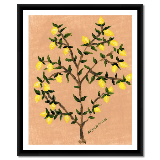 A museum-quality fine art giclée print of a lemon tree, featuring vibrant yellow lemons on a lemon tree with green leaves against a peach toned background