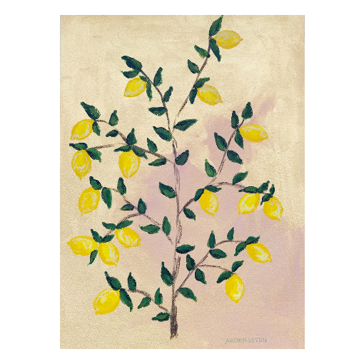 A museum-quality fine art giclée print of a lemon tree, featuring vibrant yellow lemons on a lemon tree with green leaves against a pink and yellow background, part of Arden Upton's Lemonade Series