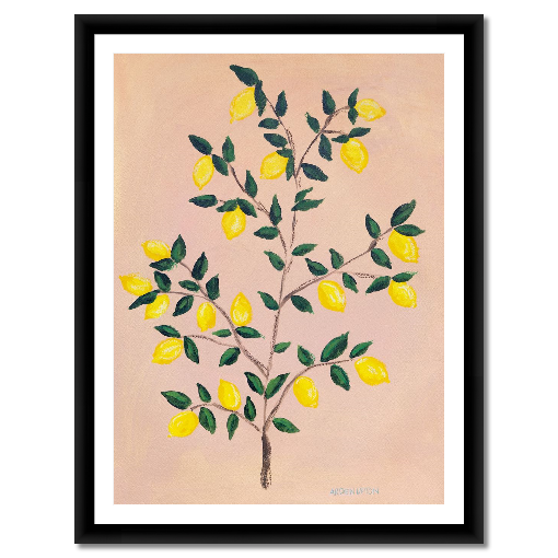 A museum-quality fine art giclée print of a lemon tree, featuring vibrant yellow lemons on a lemon tree with green leaves against a pink and yellow background, part of Arden Upton's Lemonade Series