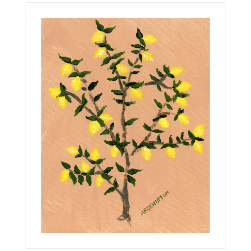 A museum-quality fine art giclée print of a lemon tree, featuring vibrant yellow lemons on a lemon tree with green leaves against a peach toned background, part of Arden Upton's Lemonade Series