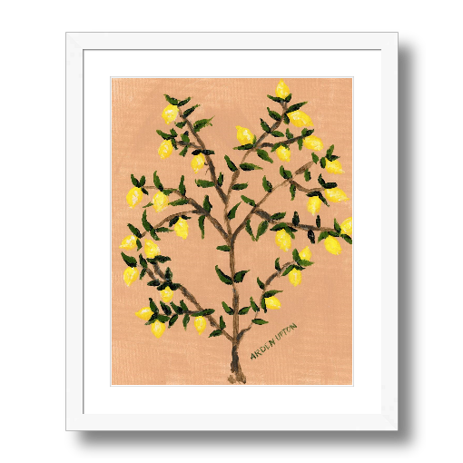 A museum-quality fine art giclée print of a lemon tree, featuring vibrant yellow lemons on a lemon tree with green leaves against a peach toned background